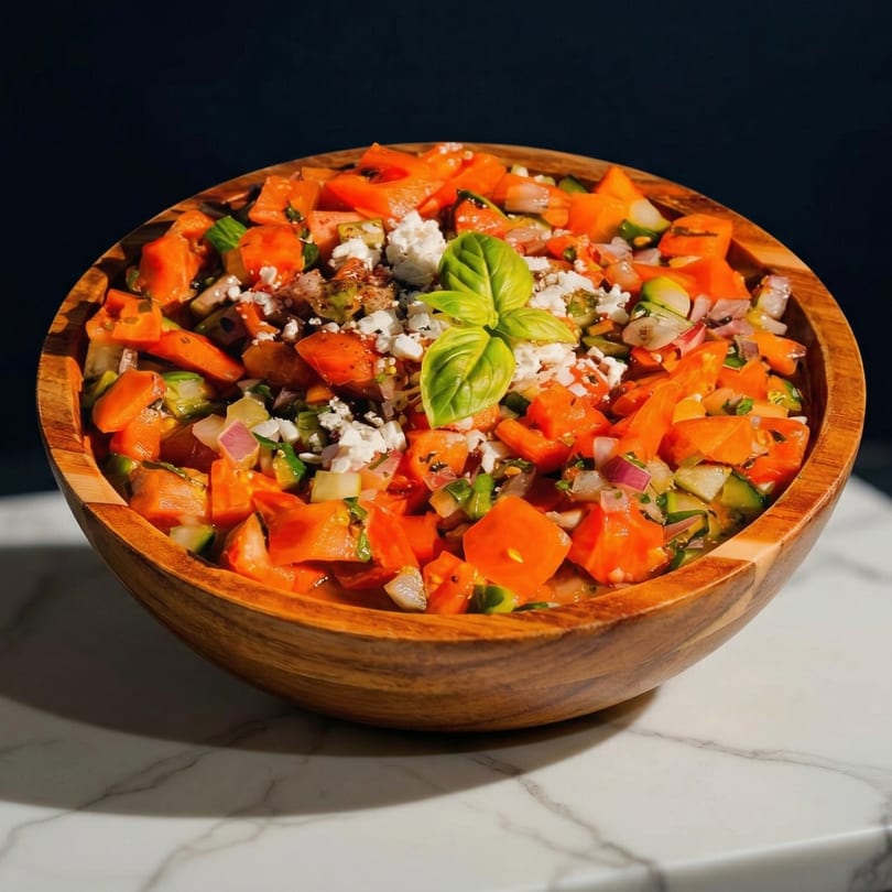 A wooden bowl filled with a colorful salad of diced orange vegetables, green herbs, and white cheese.