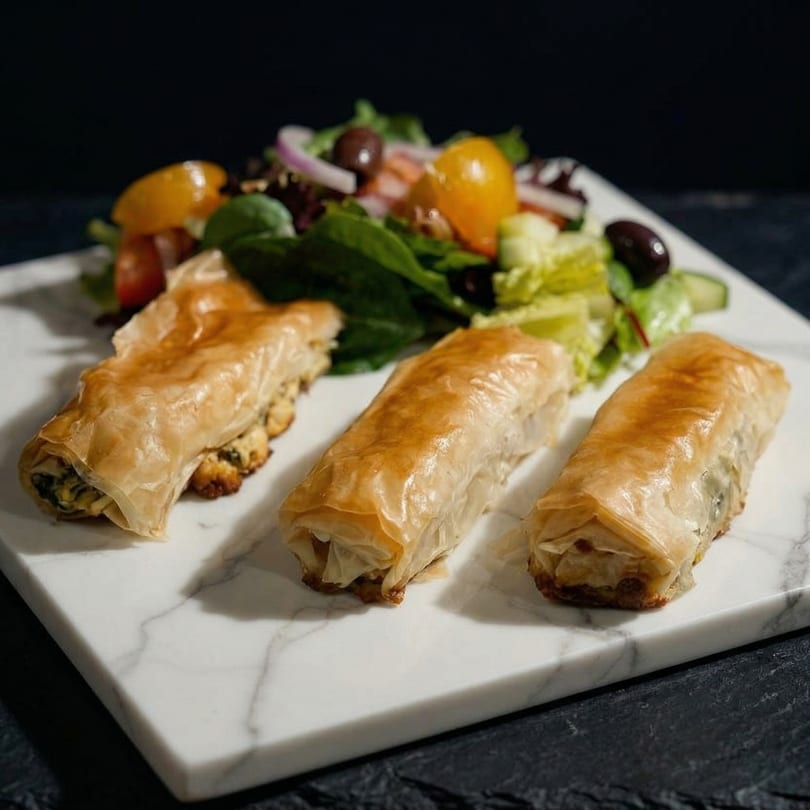 Three golden phyllo pastries with a side salad of greens, tomatoes, onions, and olives.