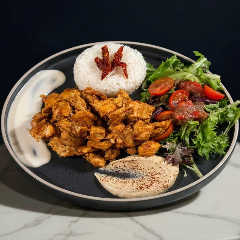 Chicken shawarma plate with rice, salad, garlic sauce, and hummus on a dark plate.