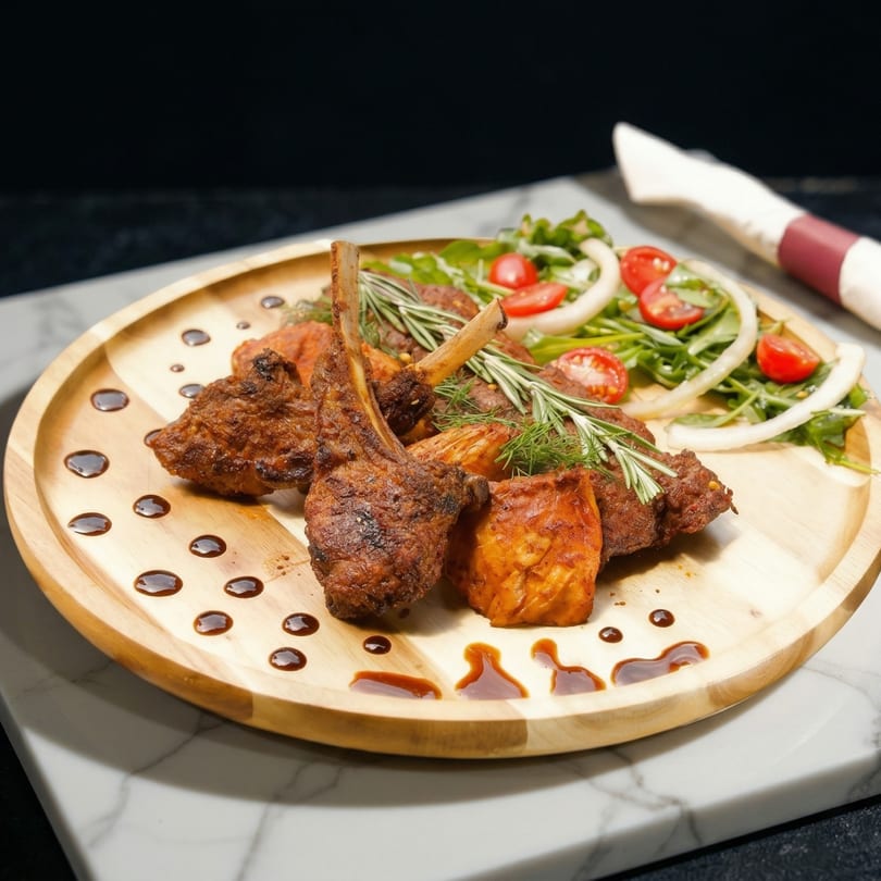 Grilled lamb chops with rosemary, dill, and a side salad on a wooden plate.