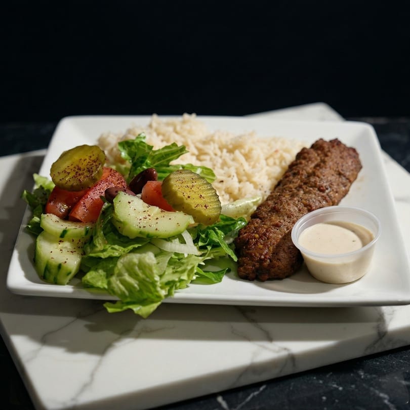 A plate of kofta kebab, rice, and salad with pickles and dressing on a marble surface.