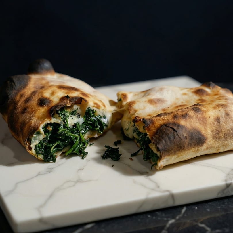 A calzone, split open to reveal a filling of spinach and melted cheese, rests on a marble board.