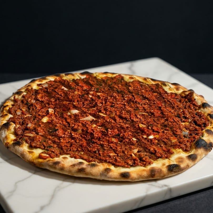 A round lahmacun, a Turkish flatbread, with a savory minced meat topping on a white marble surface.